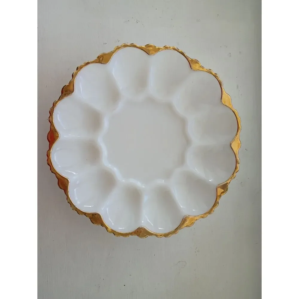 Vintage Anchor Hocking Milk Glass Egg Plate Gold Trim